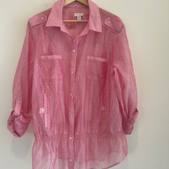 Chico's Top SZ3 Pink Roll Tab Sleeve Button Front Collar Safari Smocked Waist - Picture 3 of 8